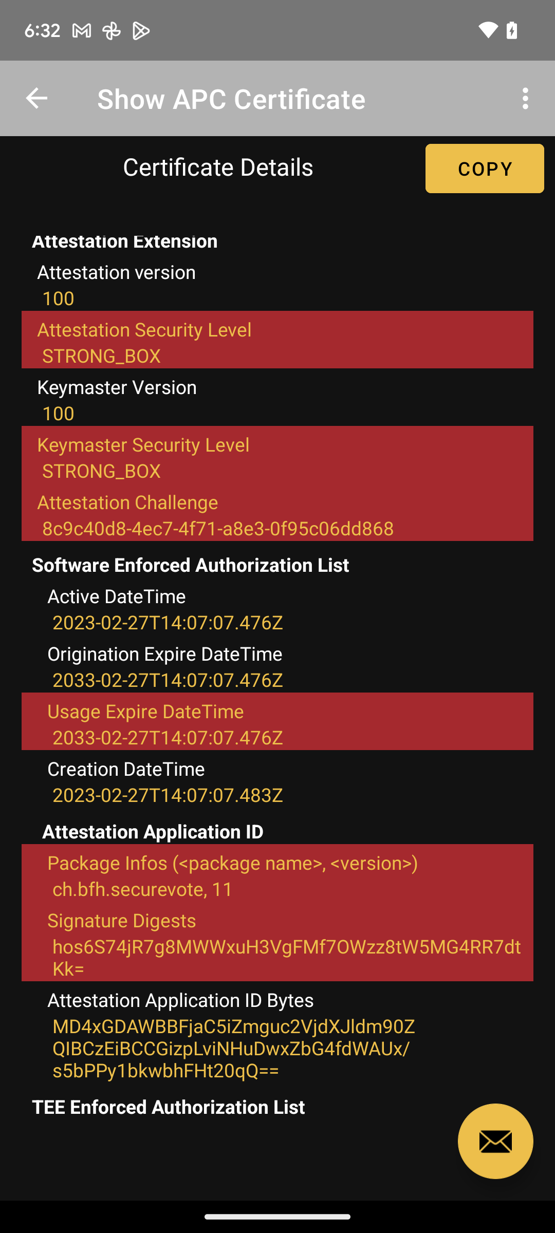 Attestation details of the APC certificate